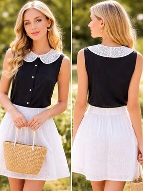 NWT Halston Black Sleeveless Button Shirt with Ivory Lace Collar Size L